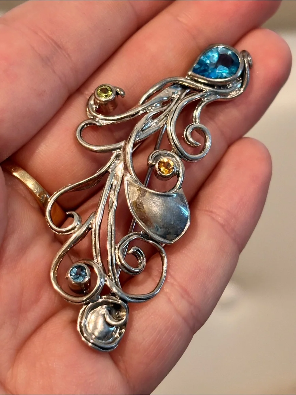 Vintage Designer 925 Sterling Silver & Precious Gemstone Embellished Brooch